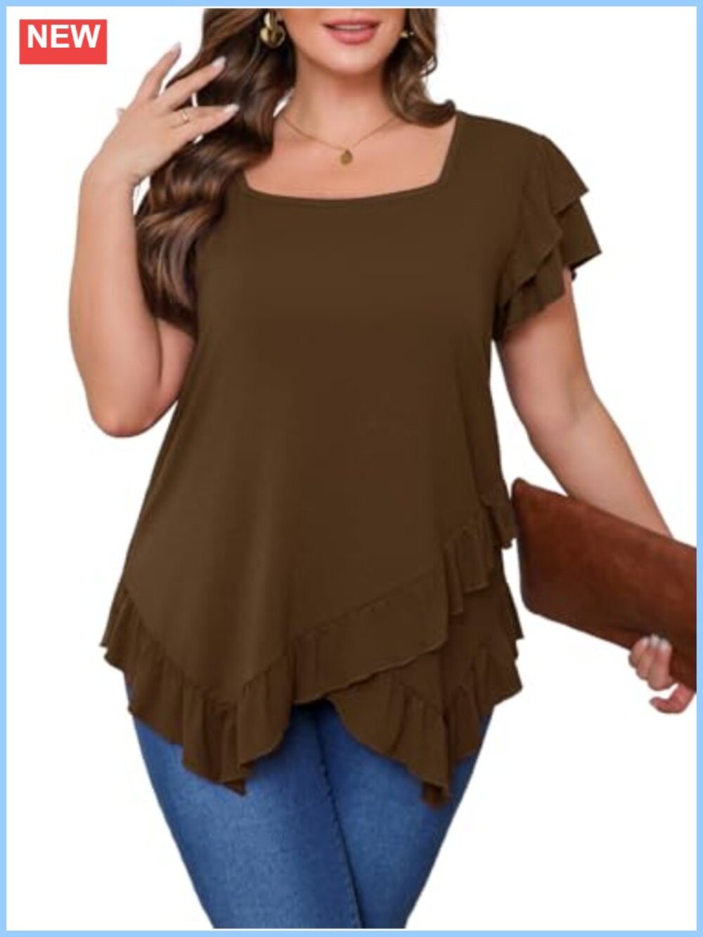 Plus Size Tunic Top Square Neck Ruffle Hem Short Sleeve Blouse